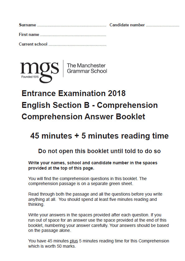 The Manchester Grammar School: 11+ English (2018) [Comprehension]
