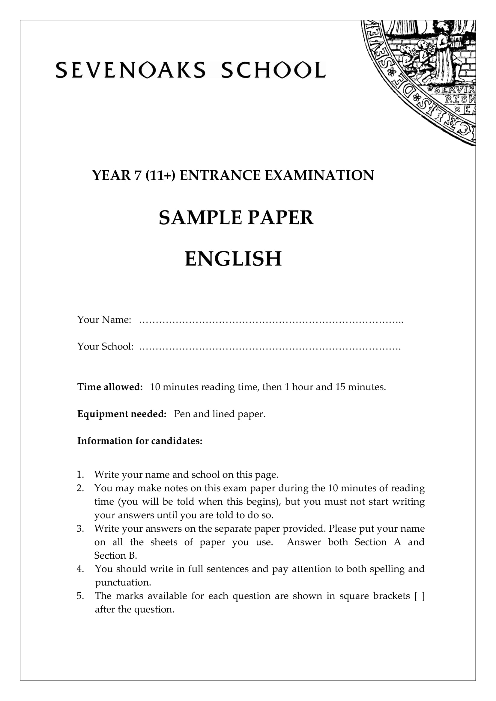 Sevenoaks School: 11+ English  [Version: 2010]