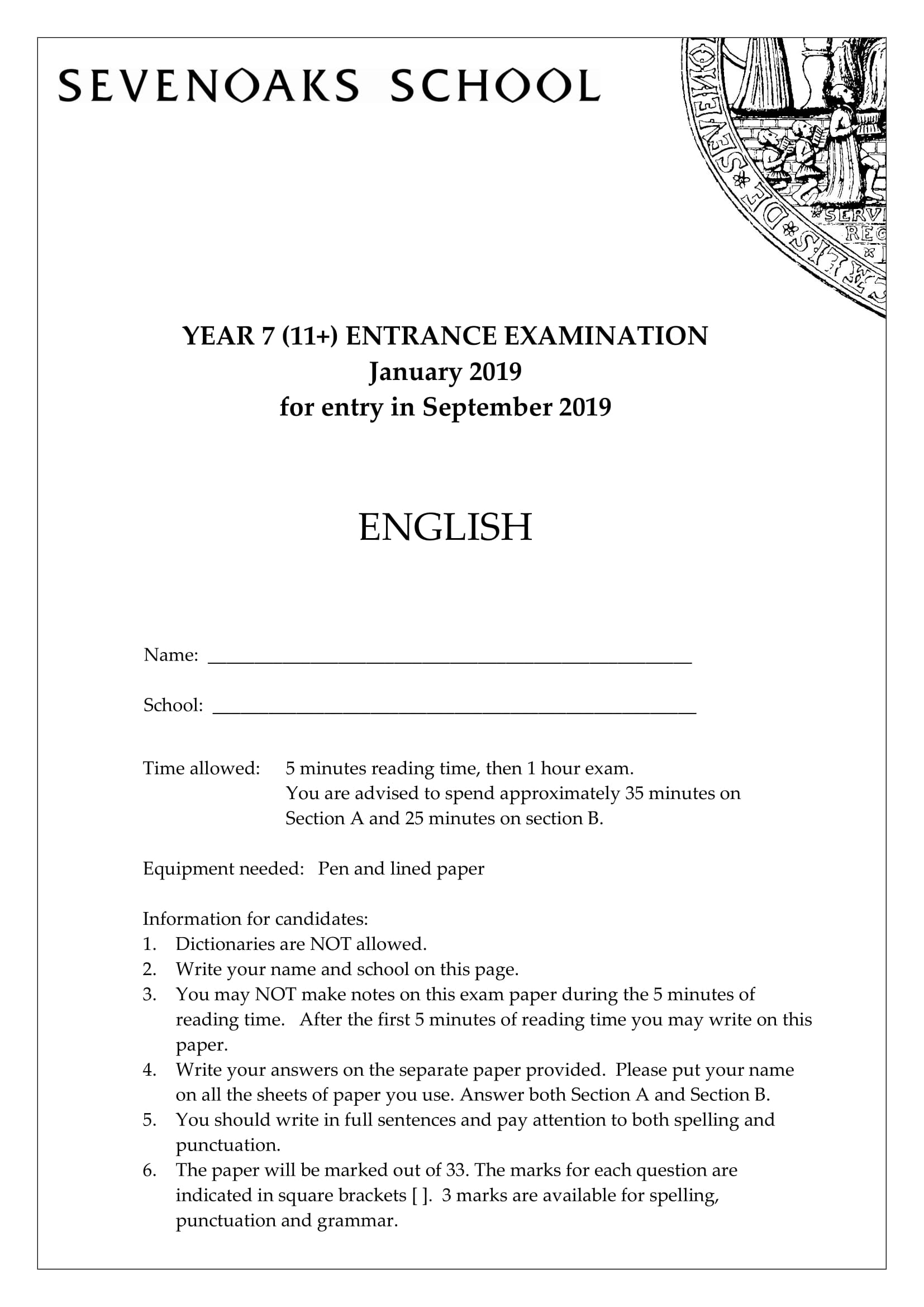 Sevenoaks School: 11+ English (2019)