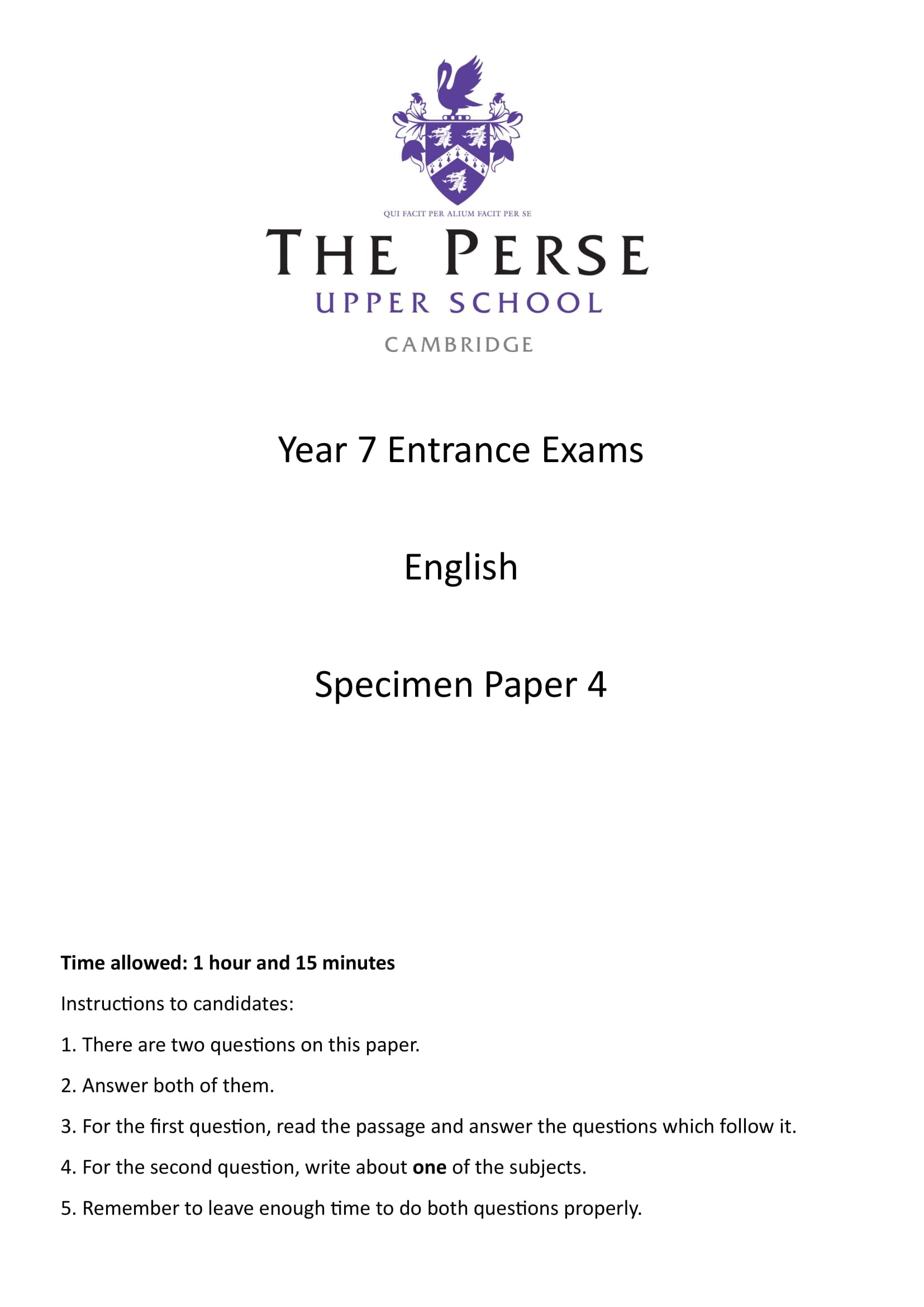 The Perse Upper School: 11+ English  [Version: 4]