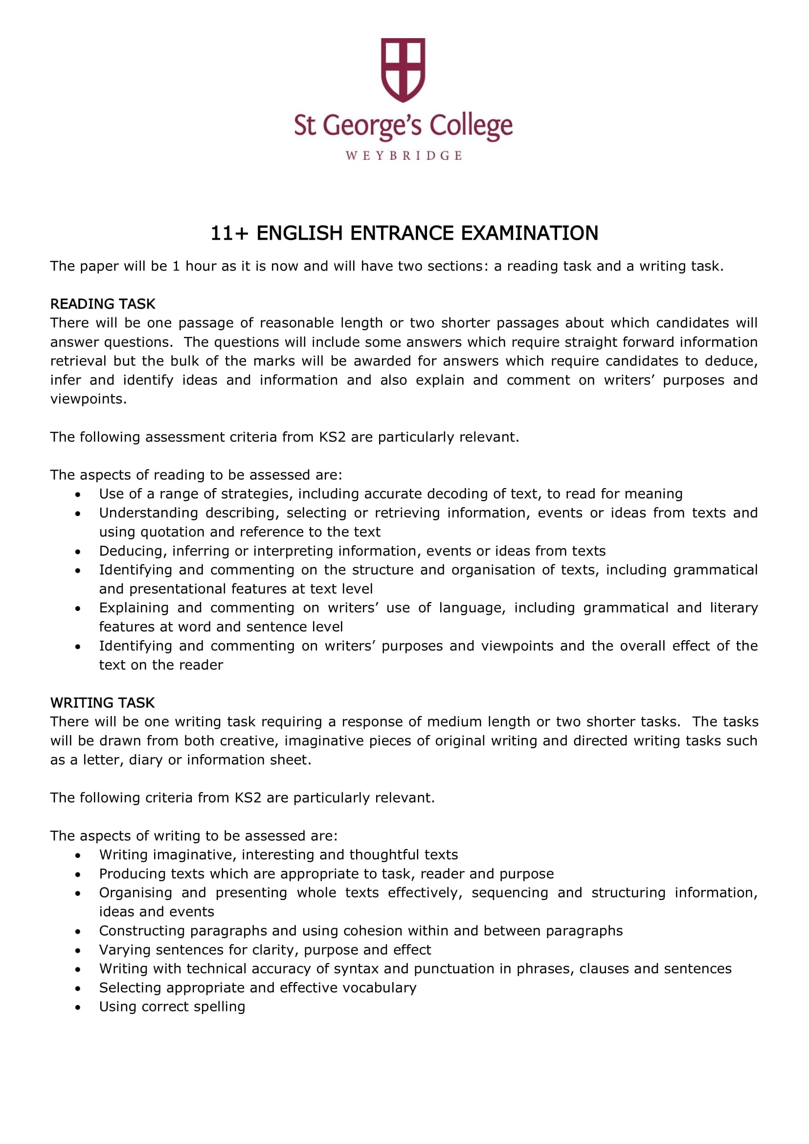 St George's College: 11+ English (2012)
