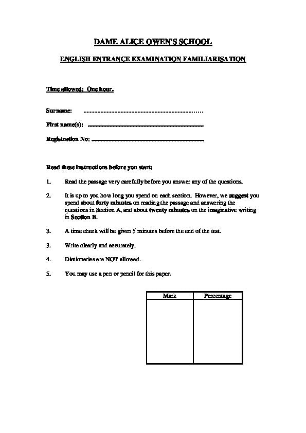 Dame Alice Owen's School: 11+ English