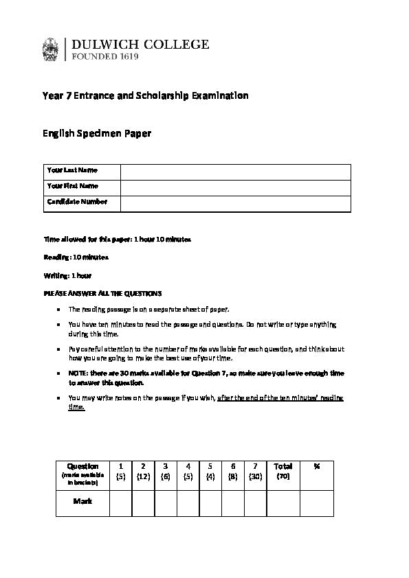 Dulwich College: 11+ English  [Version: 3]
